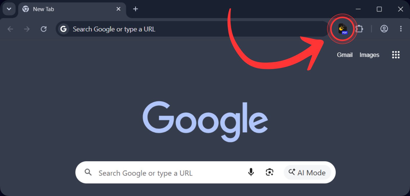 Chrome toolbar with the Convert PDF Dark Mode icon highlighted